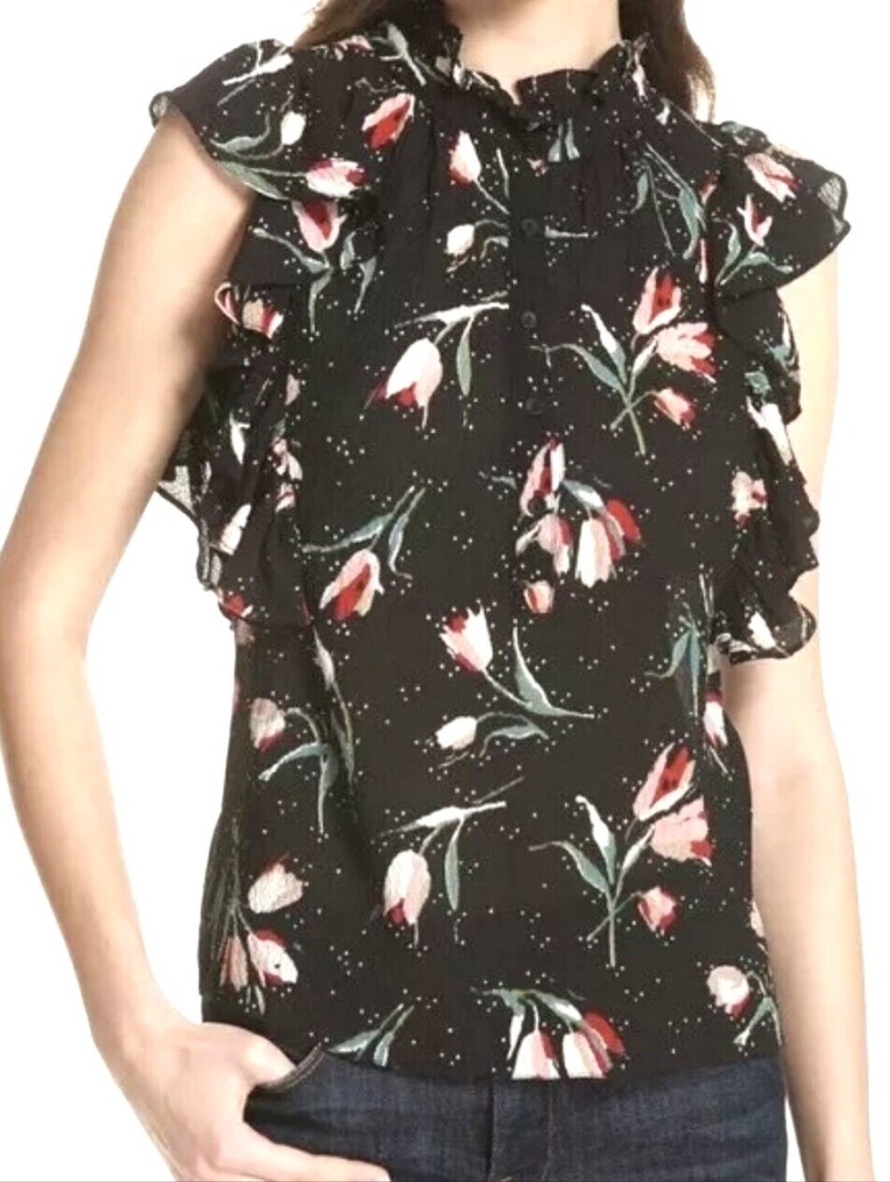 REBECCA TAYLOR Black Ikat Tulip Floral Ruffle Top